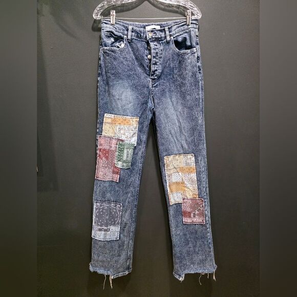 SO Super High Rise DAD Jeans Patchwork Raw Hem Acid Wash Sz 9/29W Junior Button - Picture 1 of 15